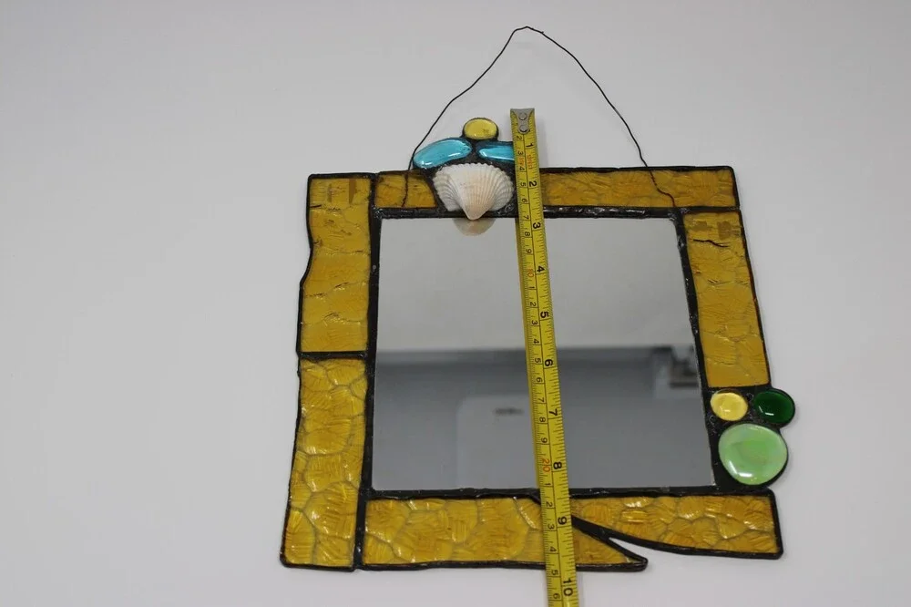 Mary Ann Molinaro Stained Glass Mirror Shell Detail Vintage Amber Yellow Art